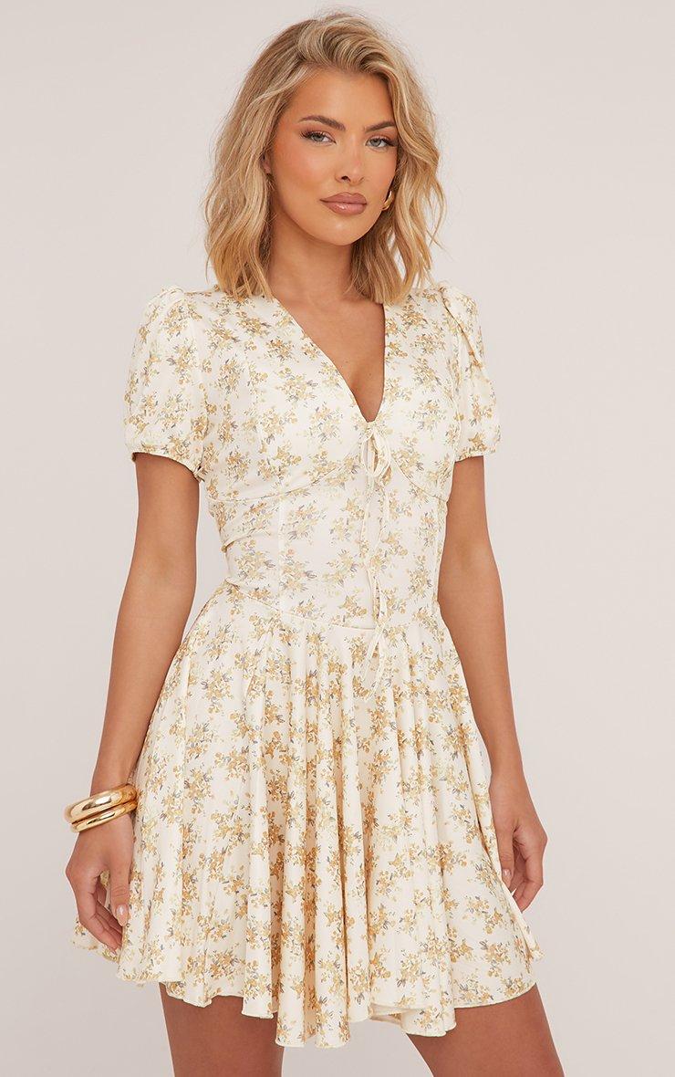 Short Sleeve Plunge Mini Skater Dress In Yellow Ditsy Floral Print | EGO US  | EGO