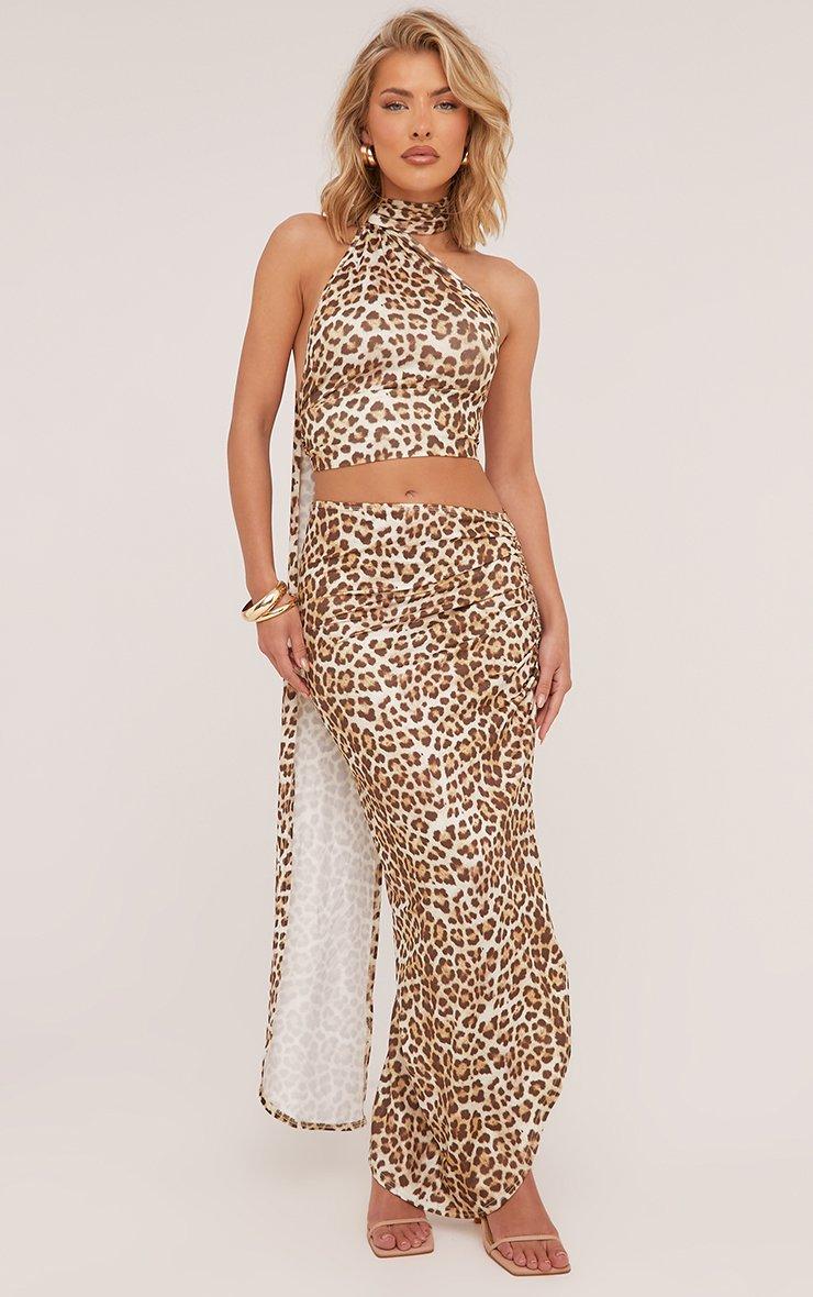 Scarf Detail Crop Top And Ruched Side Maxi Skirt Co-Ord Set In