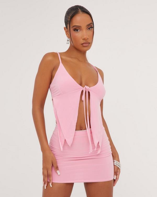 Scoop Neck Tie Front Frill Detail Top In Pink