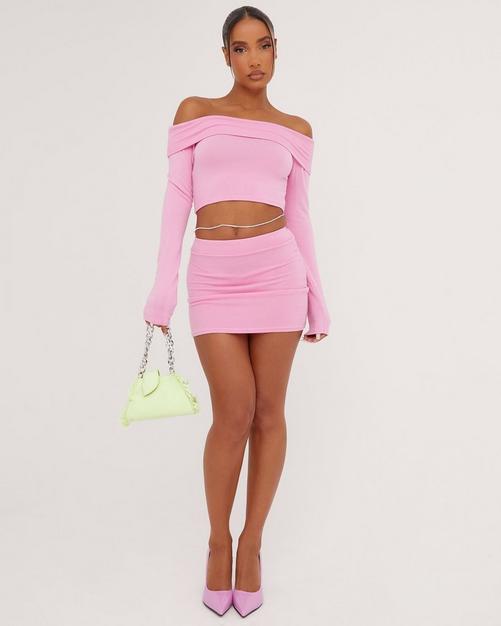 Long Sleeve Double-Layered Hook + Eye Crop Top, Size: Medium, Pink