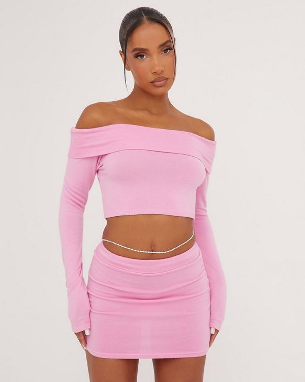 Long Sleeve Bardot Fold Over Crop Top In Pink Knit