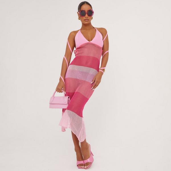 Halterneck Strap Detail Tonal Stripe Midi Dress In Pink EGO