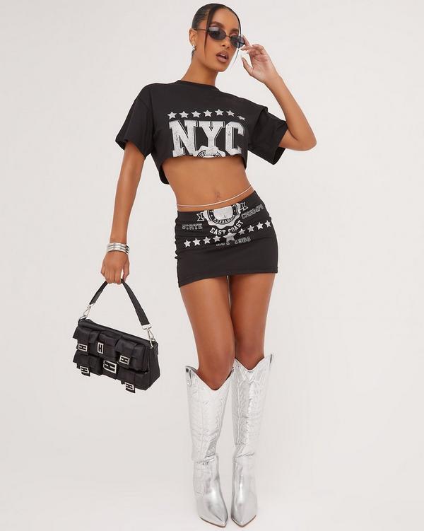 Nyc Graphic Print Micro Mini Bodycon Skirt In Black Acid Wash