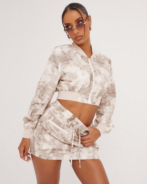 Extreme Plunge Neck O Ring Detail Tie Back Top In Grey Printed