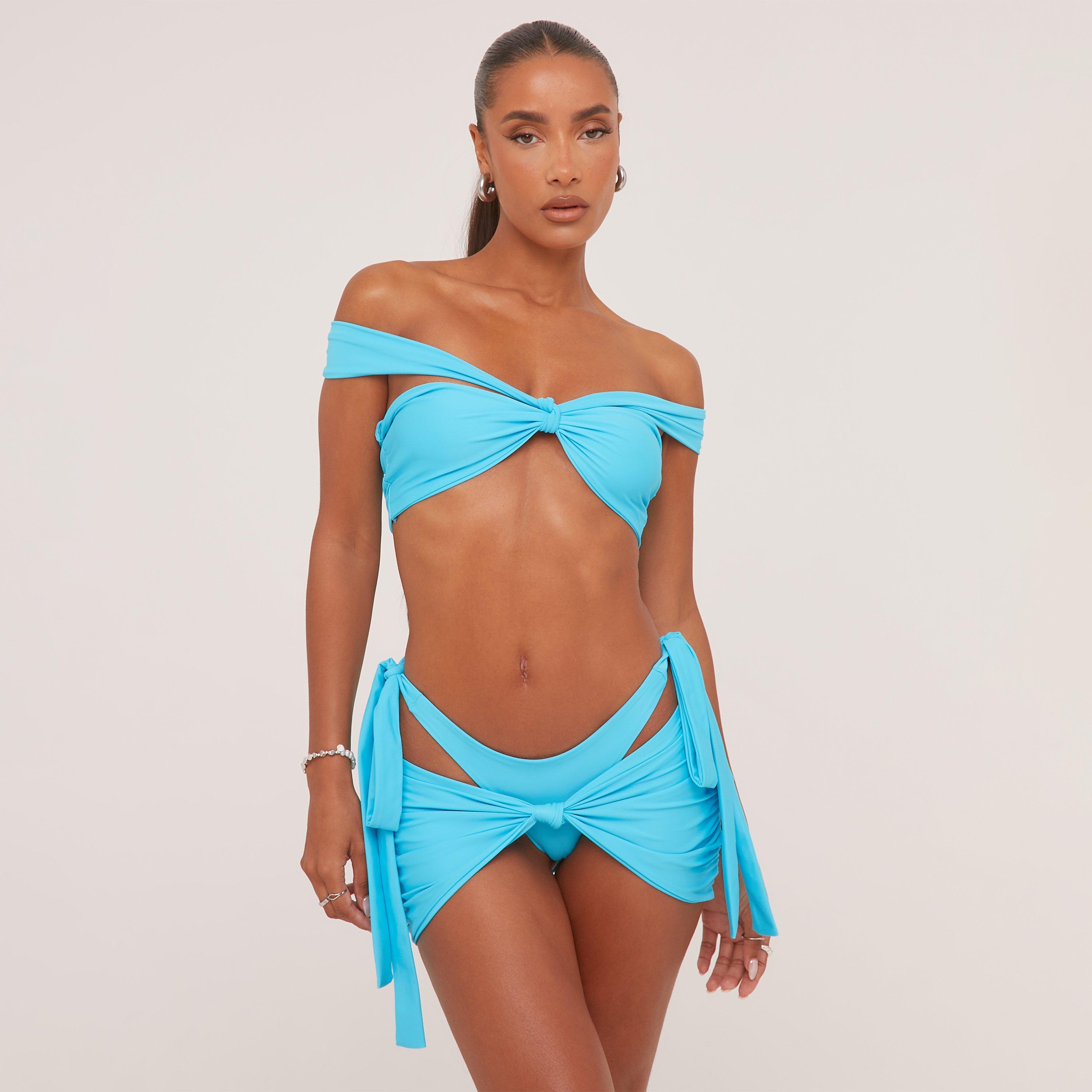 Strappy Bardot Bikini Set And Knot Detail Cover Up Skirt In Blue, Women's Size UK 10