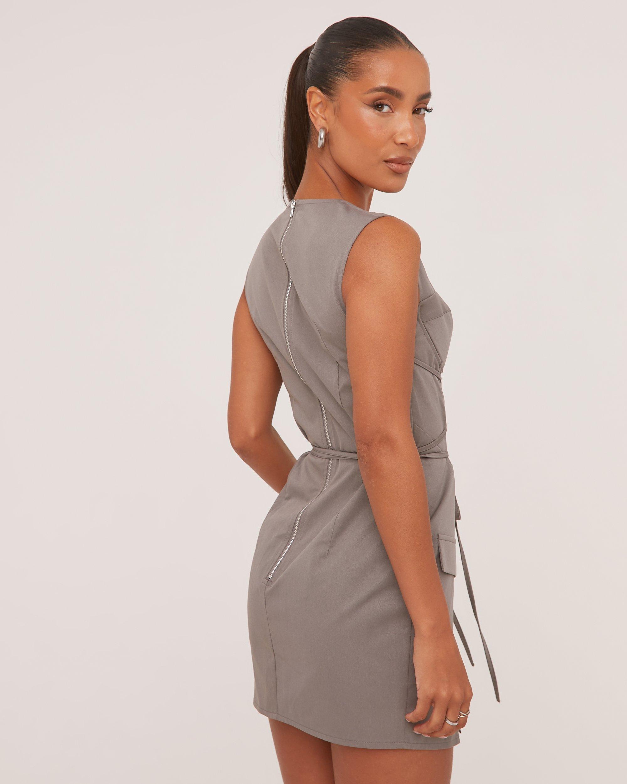 Plunge Underwired Corseted Tailored Mini Dress In Charcoal Woven | EGO US |  EGO