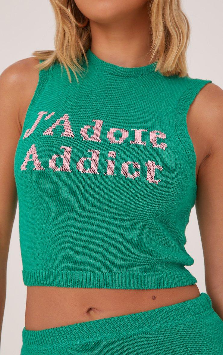 Racer Neck 'J'Adore Addict' Pink Contrast Crop Top In Green Knit