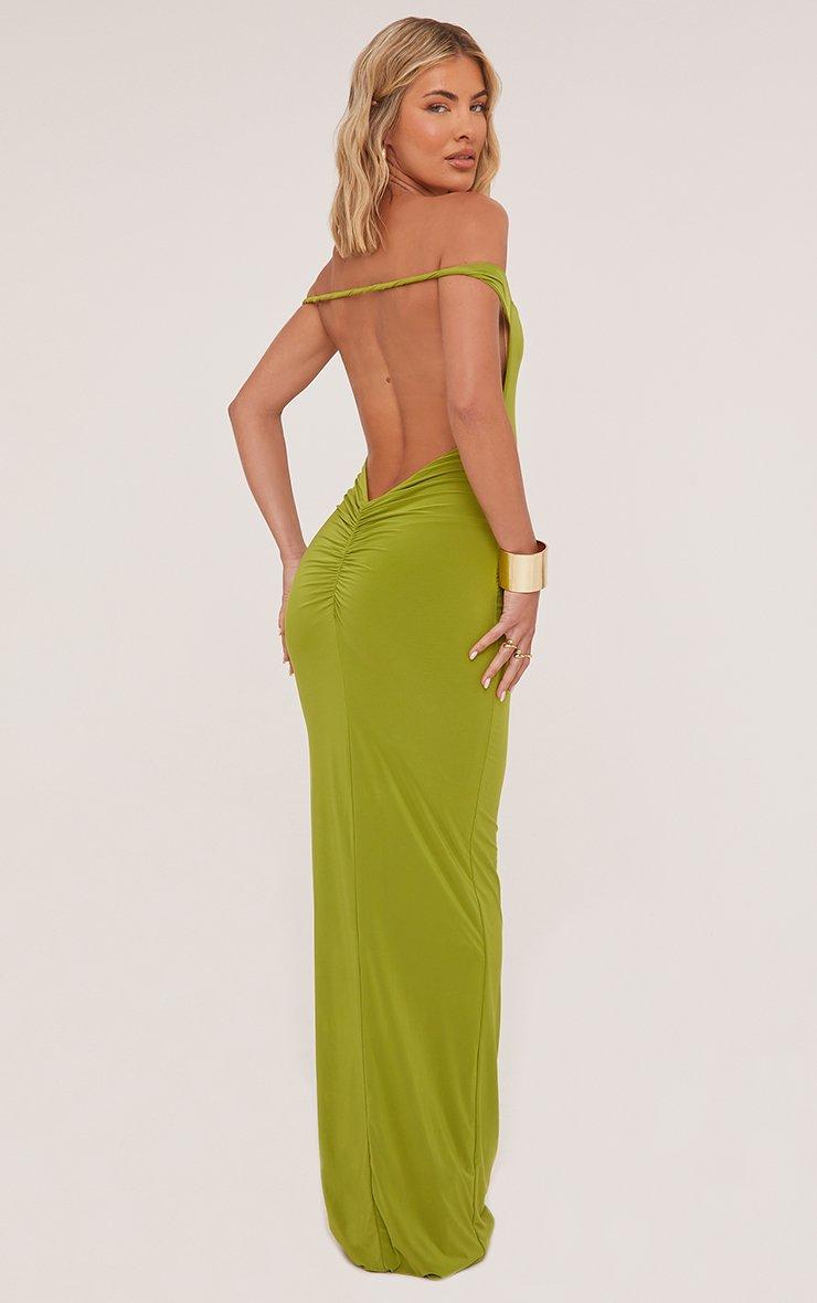 bardot green dress Annie Bottle Green Satin Bardot Maxi Dress With Split Wrap Skirt – Club L  London main image 0