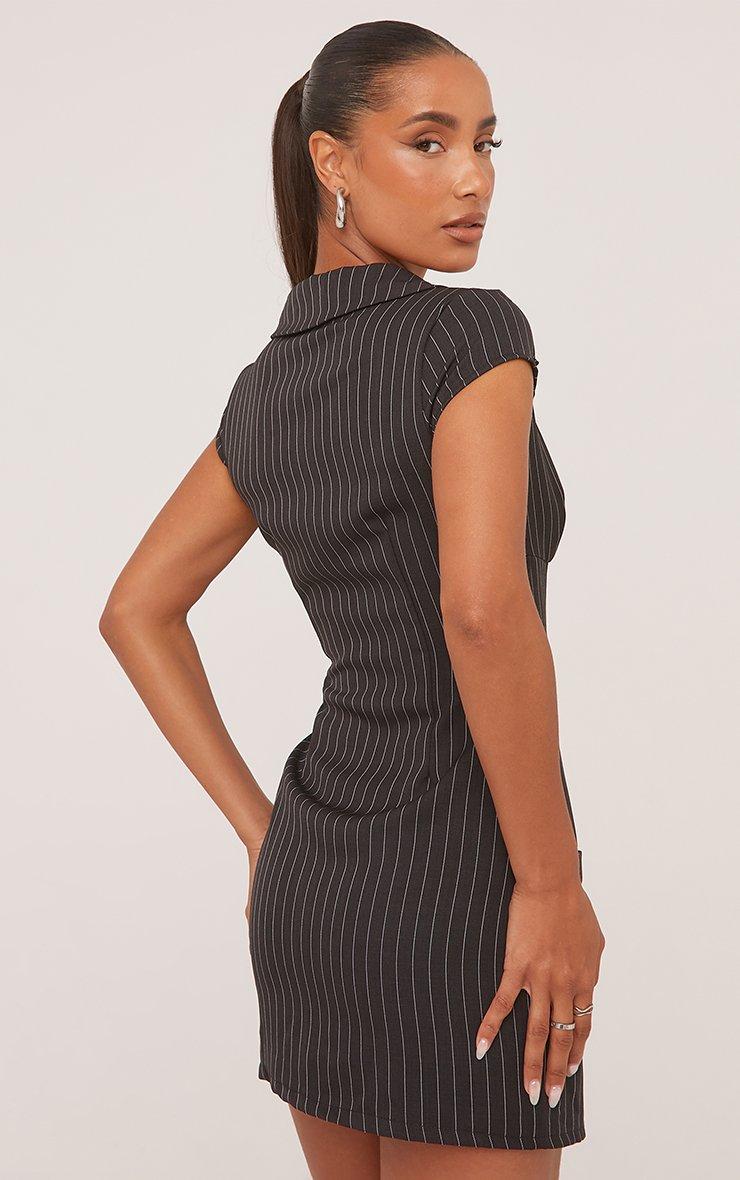 Short Sleeve Plunge Zip Front Tailored Mini Bodycon Dress In Black