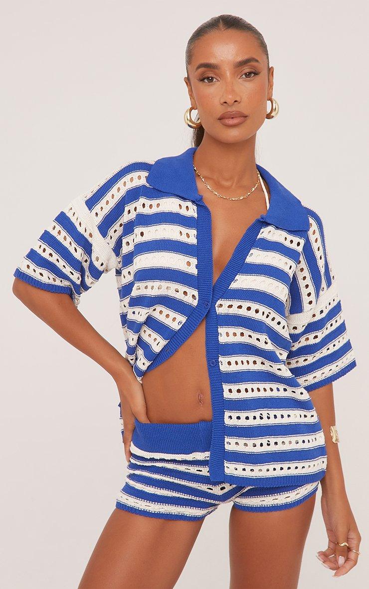 Low Rise Micro Shorts In Blue And White Stripe Crochet Knit | EGO