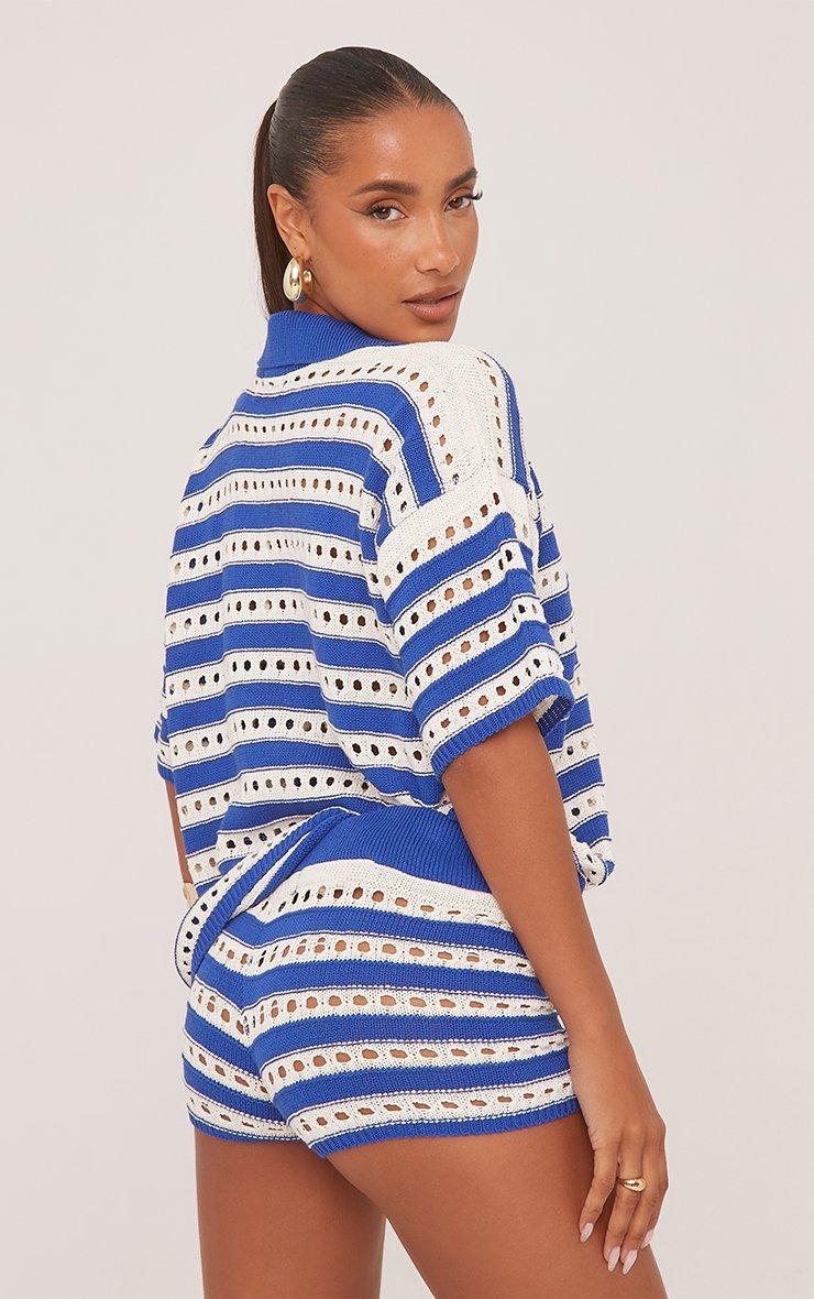 Low Rise Micro Shorts In Blue And White Stripe Crochet Knit | EGO