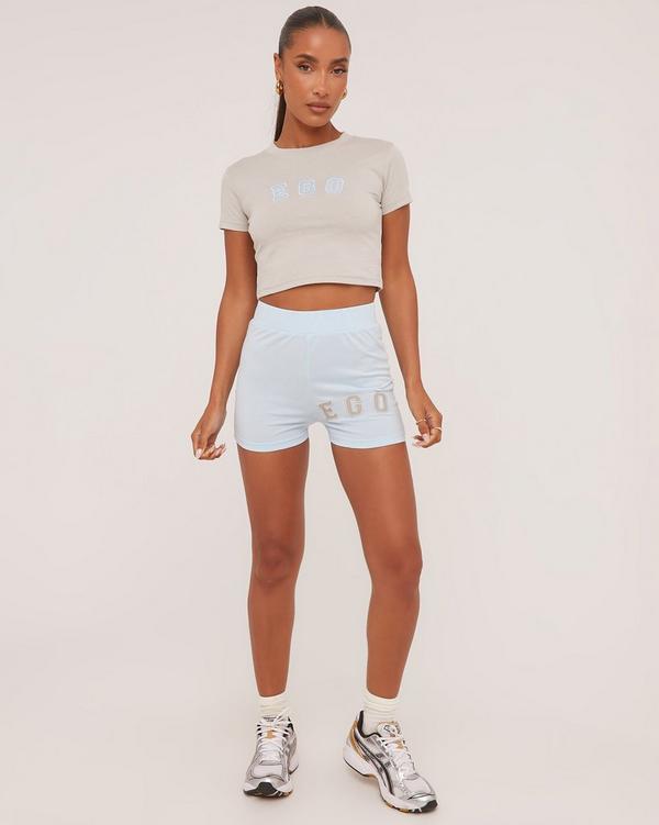 High Waist Ego Graphic Slogan Cycling Shorts In Baby Blue EGO