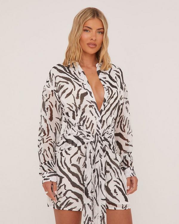Long Sleeve Wrap Front Shirt Dress in Zebra Print Mesh Women s Size US 4 Ego