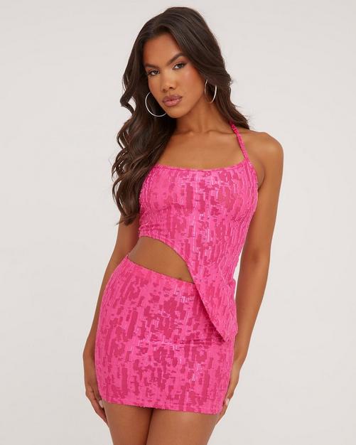 Black Tube Corset Top With Pink Flower And Pink Mini Skirt Set - Pink / S