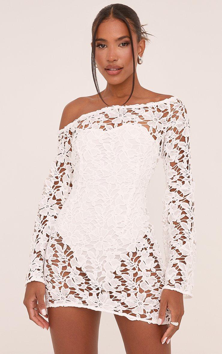 Long Sleeve One Shoulder Mini Bodycon Dress In White