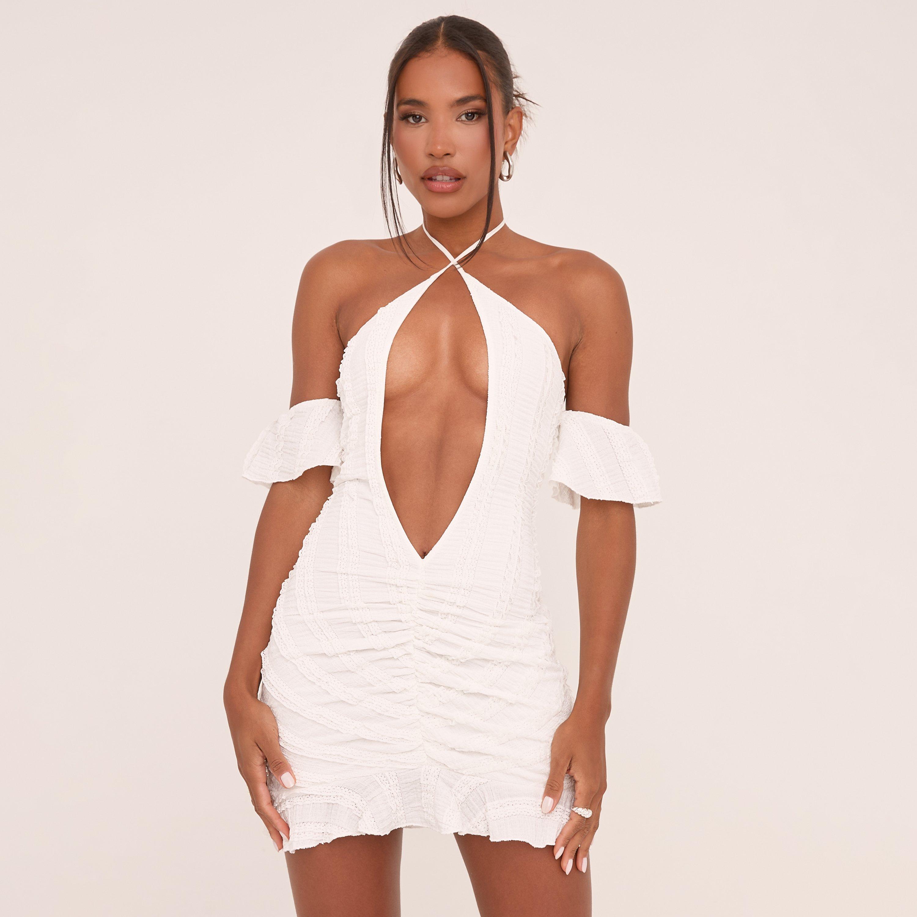 slim fit dress slacks Serene White Satin Halter Neck Mini Dress - US 12