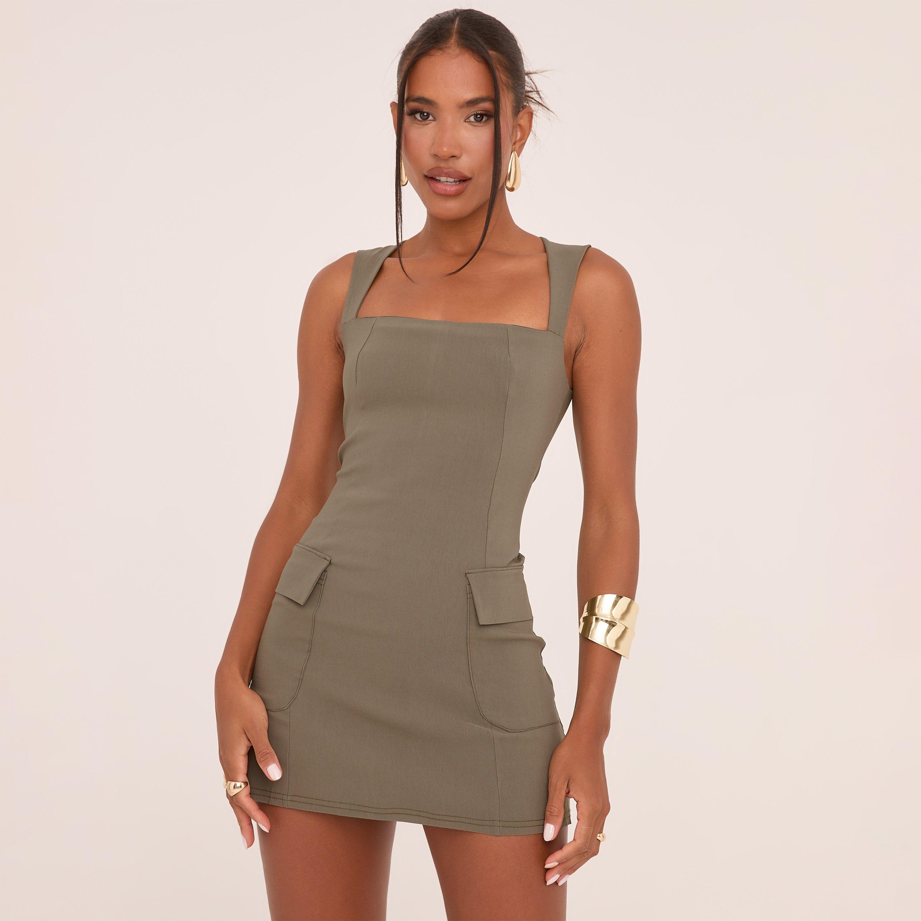 Square Neck Tailored Mini Bodycon Dress In Khaki Green Woven, Women’s