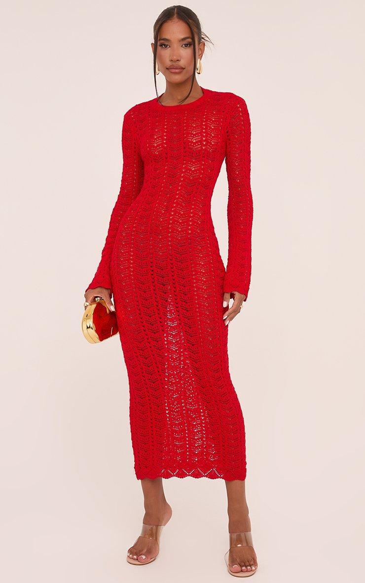 Flared Long Sleeve Open Back Maxi Dress In Red Crochet Knit | EGO