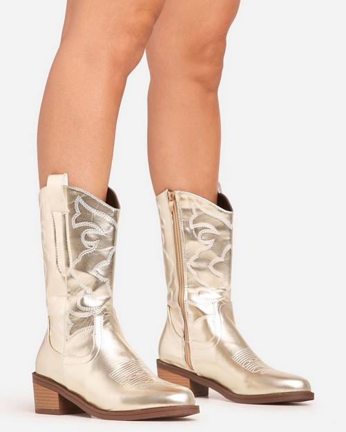 Newly Embroidered Detail Pointed Toe Mid Calf Western Cowboy Boot In Gold Faux Leather - Discount £5