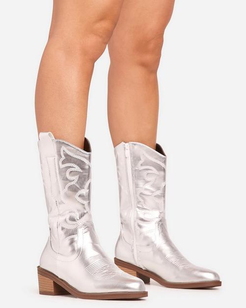 Newly Embroidered Detail Pointed Toe Mid Calf Western Cowboy Boot In Silver Faux Leather - Discount £5