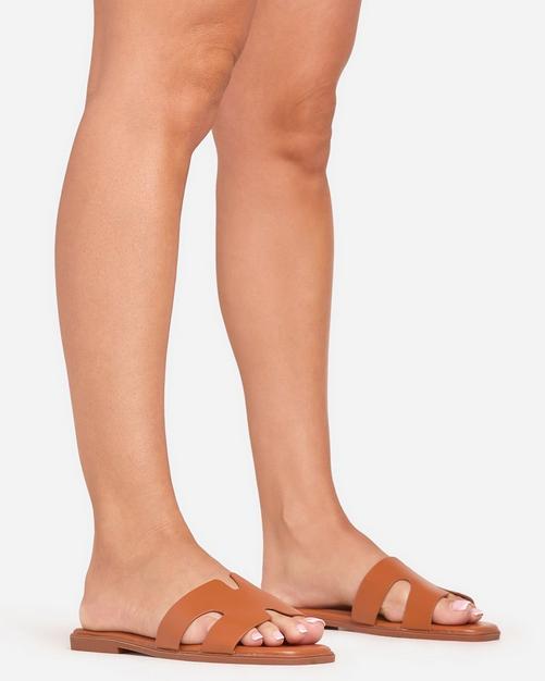 Addison Caged Flat Slider Sandal In Tan Brown Faux Leather