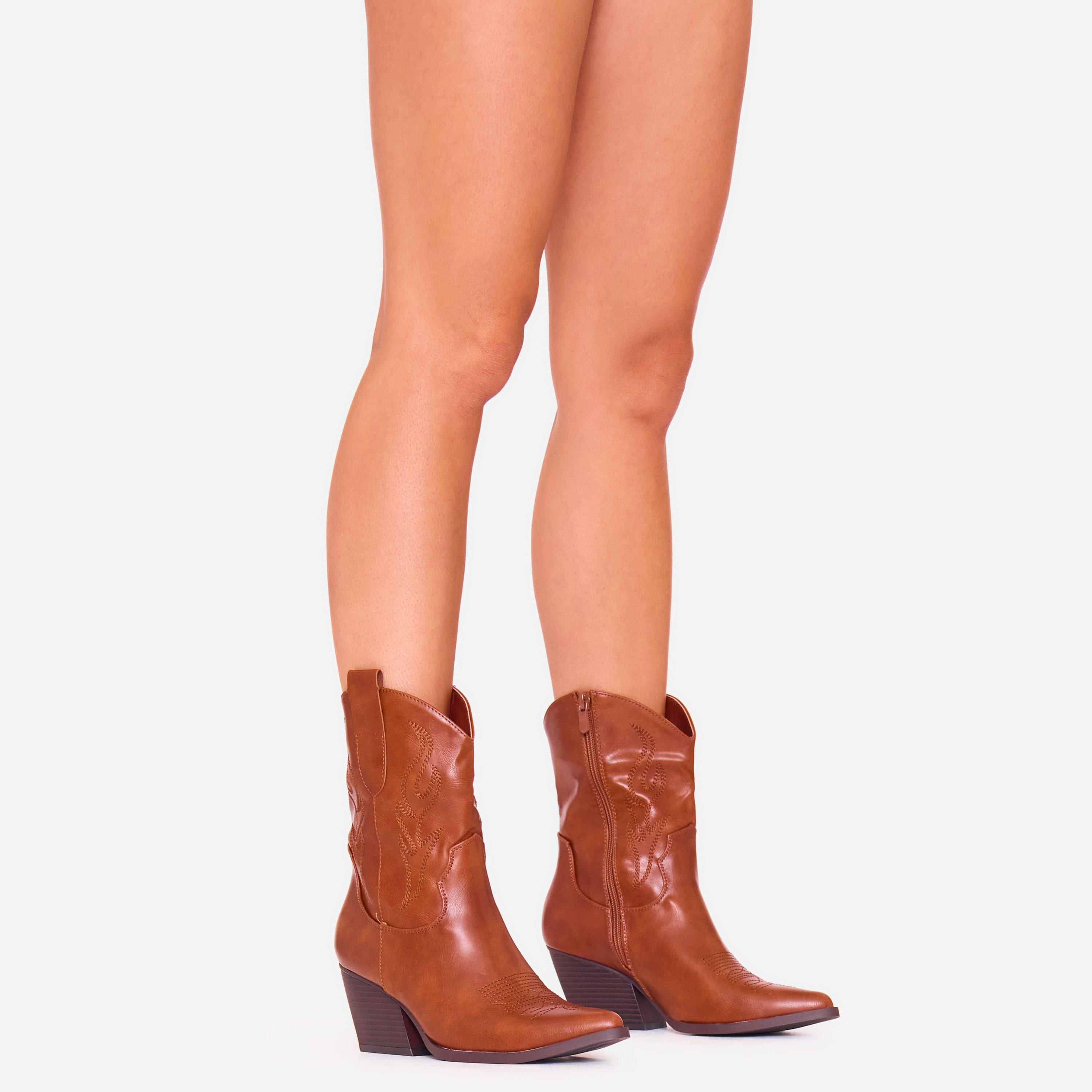 Mafia Embroidered Detail Block Heel Pointed Toe Western Cowboy Ankle Boot In Tan Faux Leather, Women’s