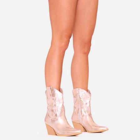 Mafia Embroidered Detail Block Heel Pointed Toe Western Cowboy Ankle Boot In Gold Faux Leather, Women's Size US