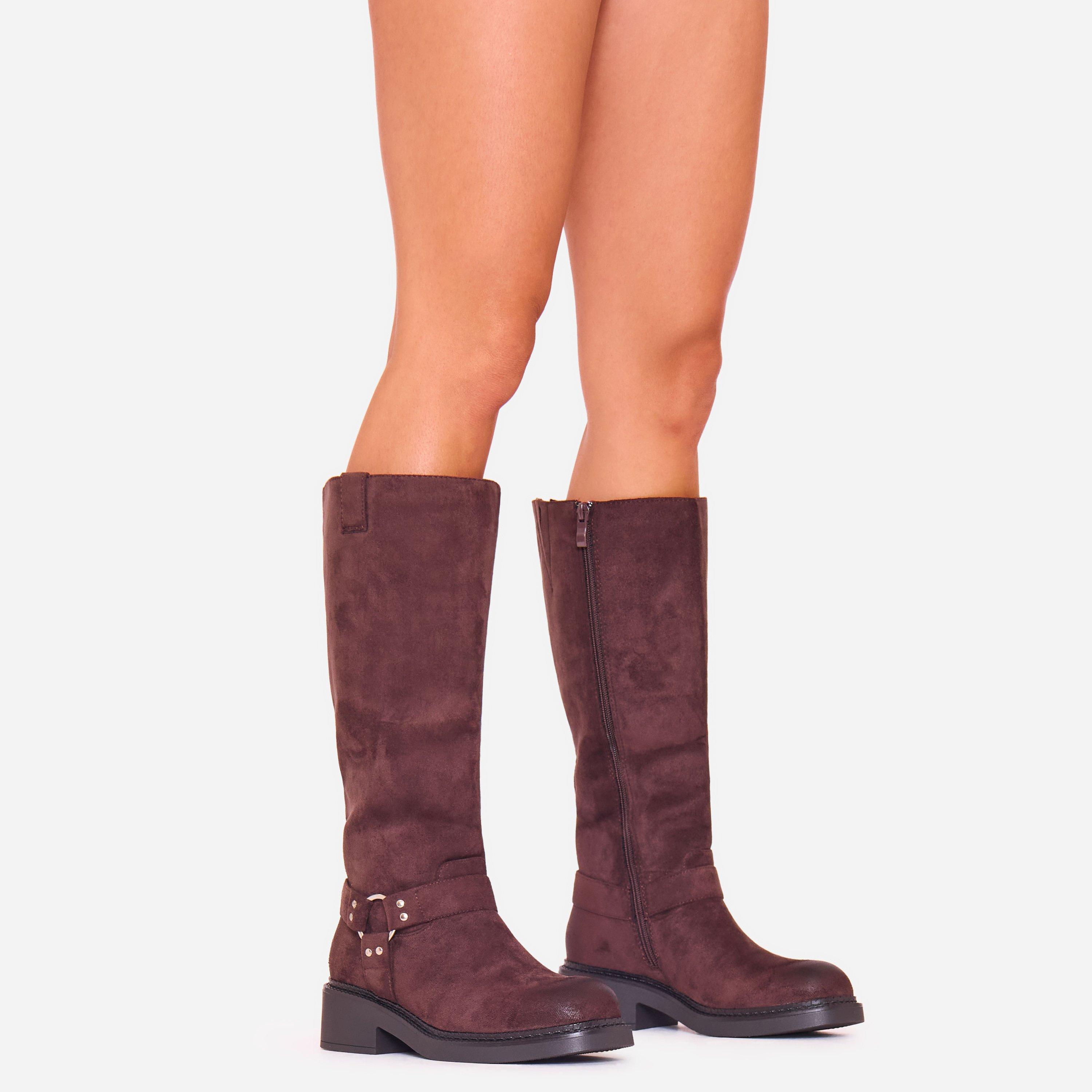 Moana Side Ring Detail Knee High Long Boot In Brown Faux Suede, Women's Size UK 3