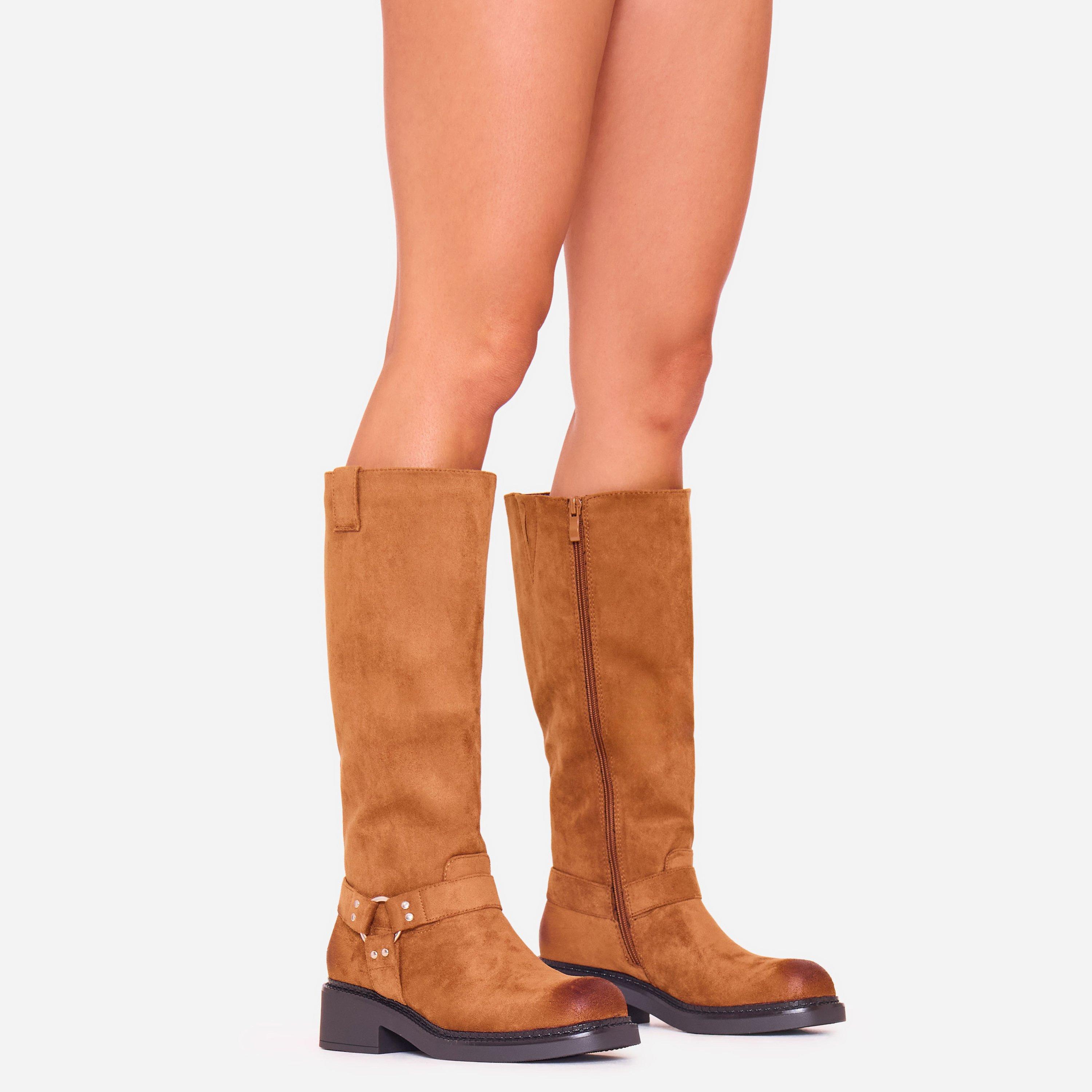 Moana Side Ring Detail Knee High Long Boot In Camel Faux Suede, Women’s