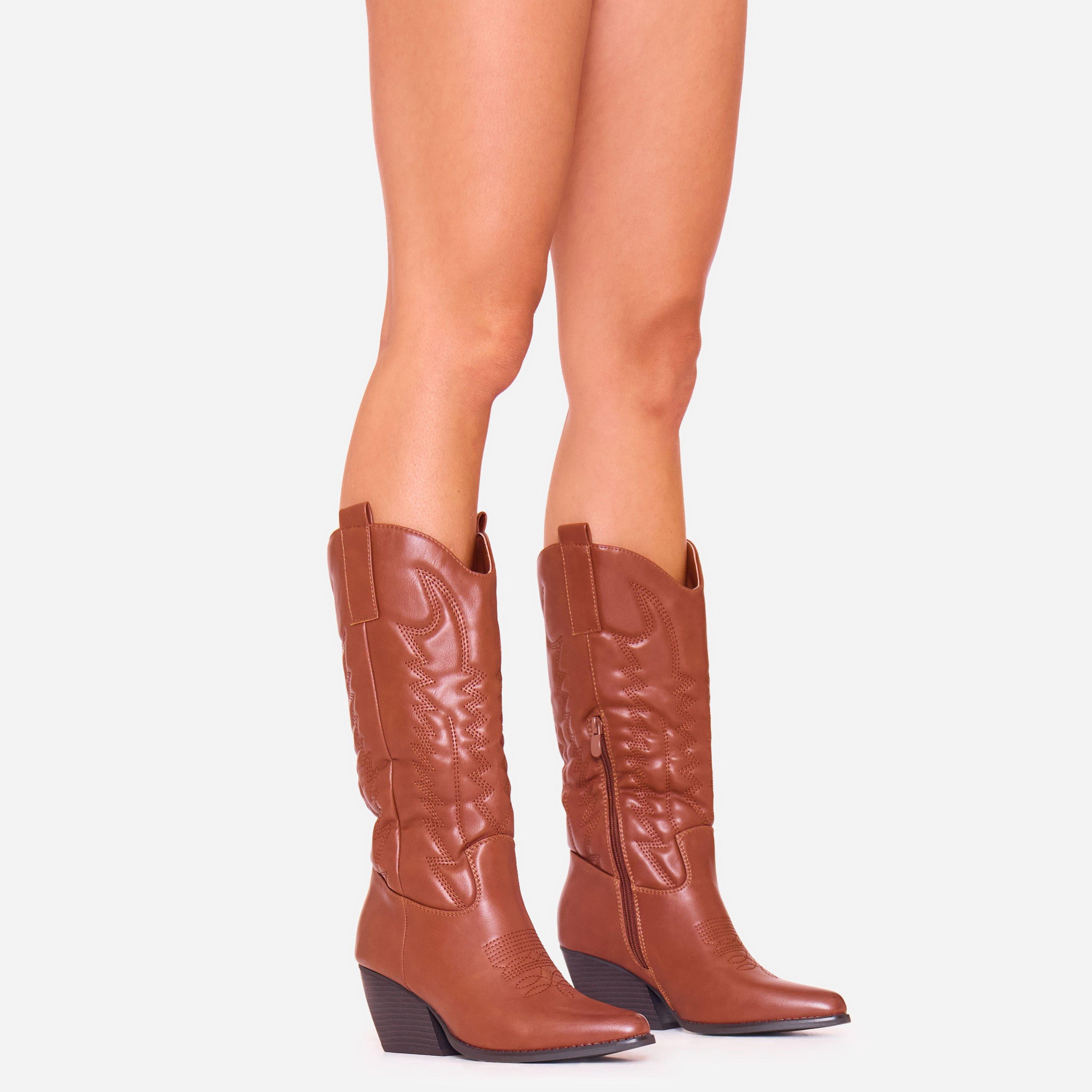 Belle Embroidered Detail Block Heel Pointed Toe Knee High Long Western Cowboy Boot In Tan Faux Leather, Women's Size UK 3