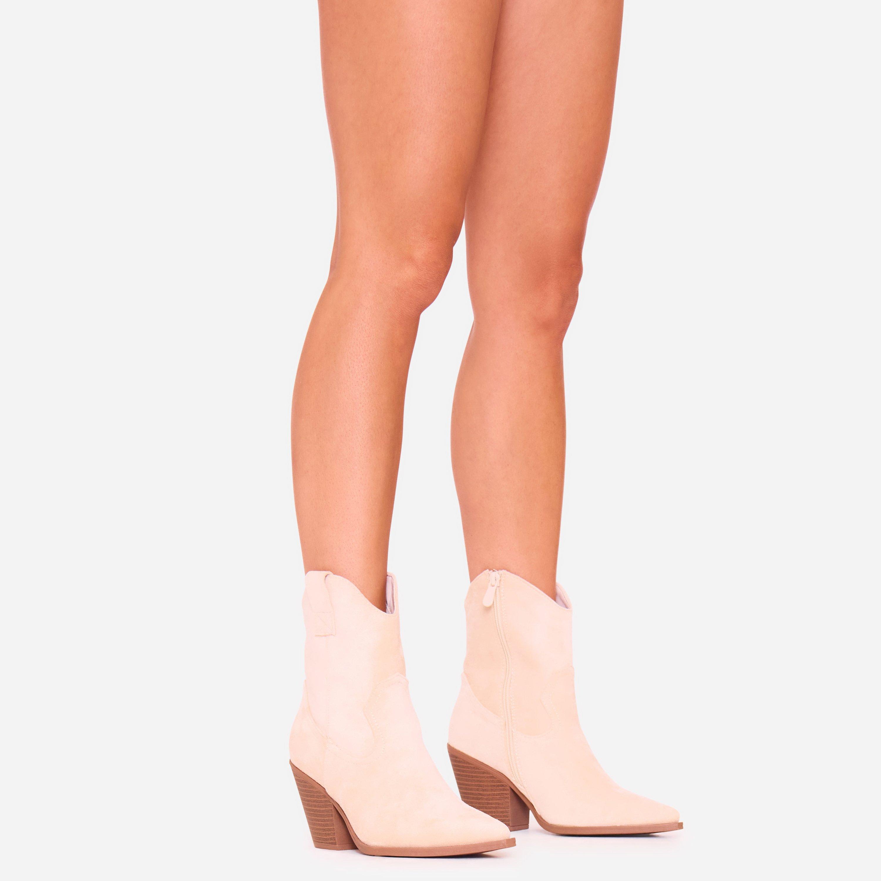 Toni Block Heel Pointed Toe Western Cowboy Ankle Boot In Beige Faux Suede, Women’s