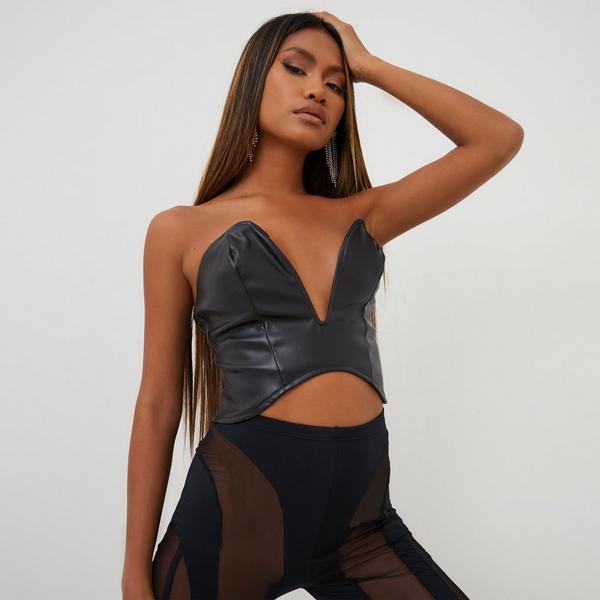 Extreme Plunge Corset Crop Top In Black Faux Leather