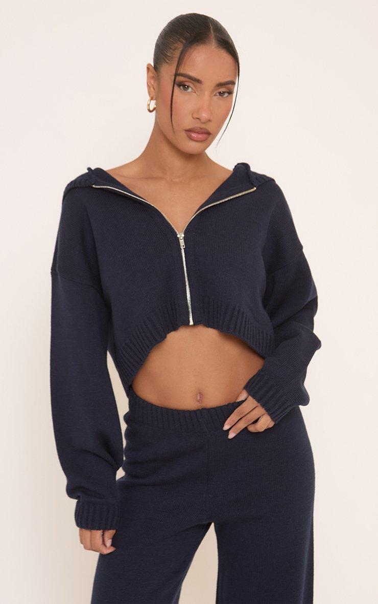 Zip Through Cropped Hoodie In Navy Knit | EGO US | EGO