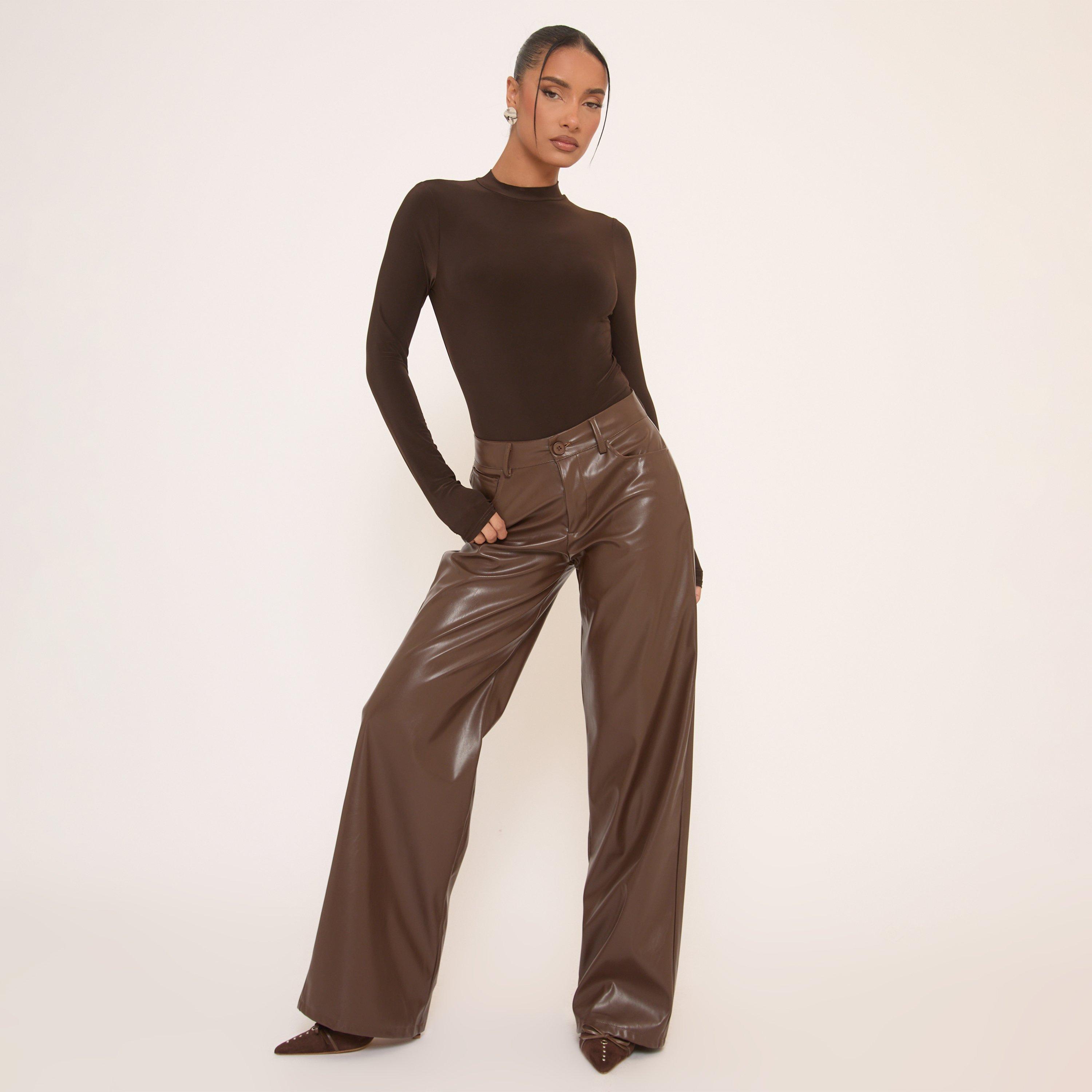 Image of Mid Rise Straight Leg Trousers In Brown Faux Leather, Women's
