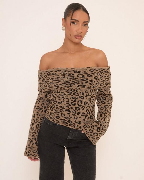 Bardot Long Sleeve Jumper In Brown Leopard Print Boucle Knit
