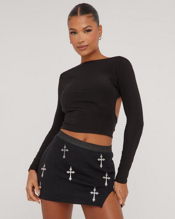 Embellished Cross Detail Split Leg Mini Bodycon Skirt In Black