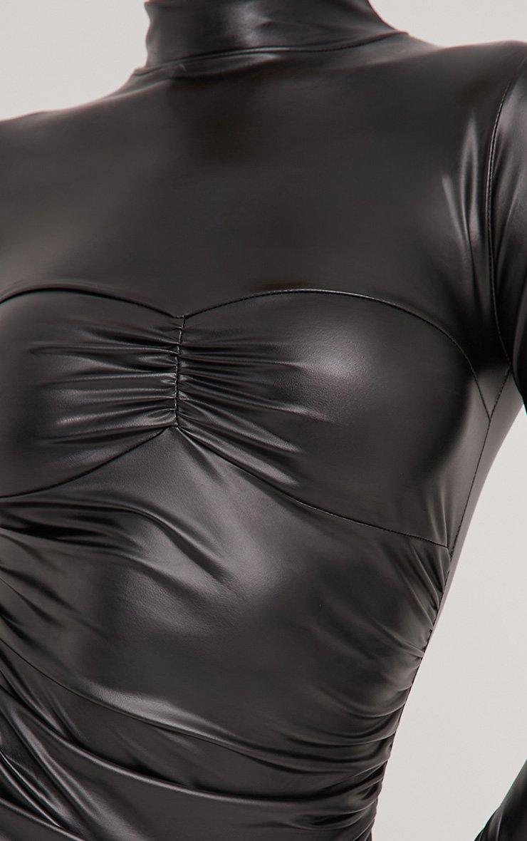 High Neck Long Sleeve Ruched Detail Mini Bodycon Dress In Black Faux Leather  | EGO UK | EGO