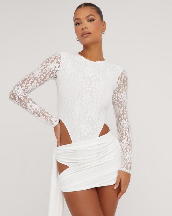 White Lace Long Sleeve Bodysuit, Tops