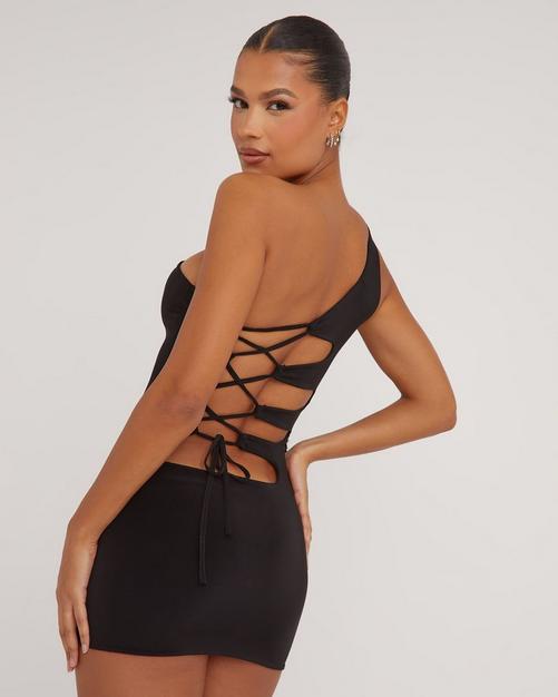 Long Sleeve Backless Thong Detail Mini Bodycon Dress In Black