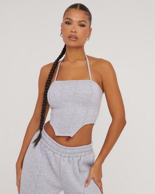 Plunge Halterneck Lace Up Detail Structured Corset Top In Grey