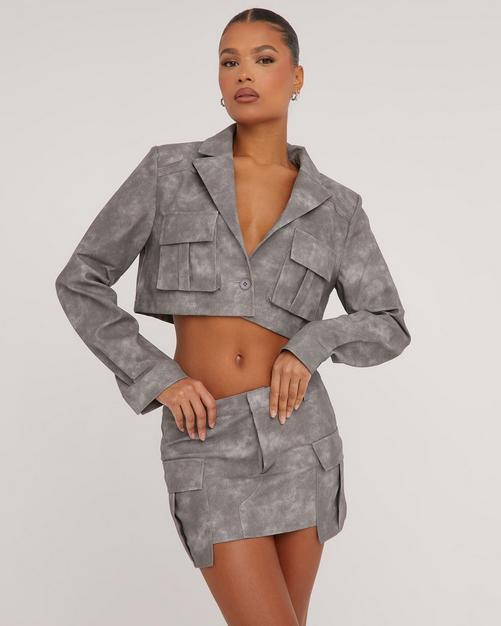 Grey Washed Faux Leather Lace Up Plunge Top