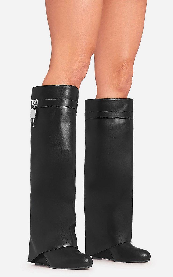 I-Am-The-One Padlock Detail Wedge Heel Knee High Long Boot In Black Faux Leather.