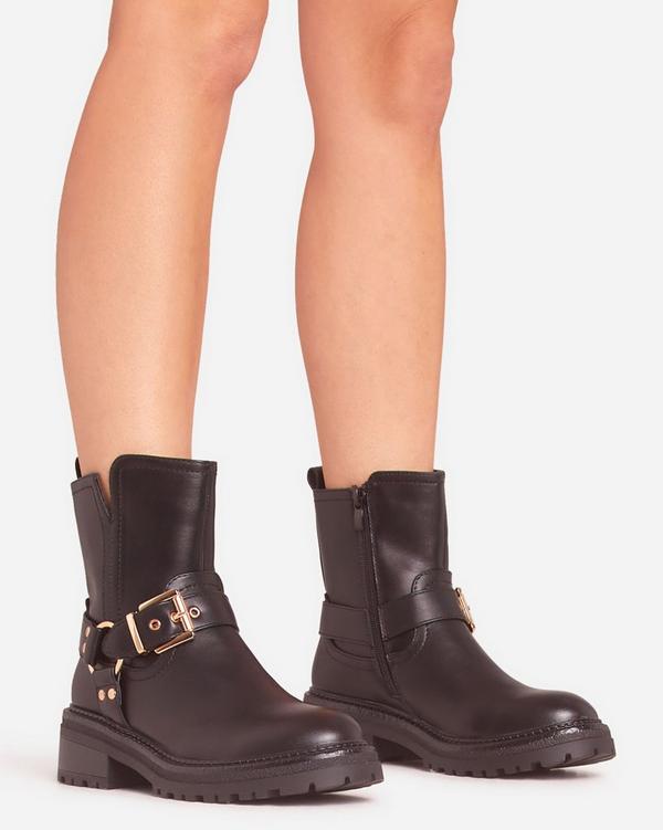 Edward Buckle Detail Chunky Sole Ankle Biker Boot In Black Faux Leather EGO