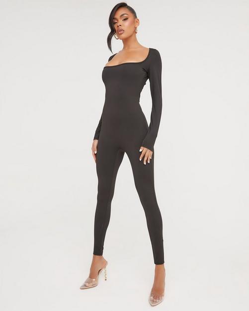 Long Sleeve Square Neck Flared Jumpsuit In Black