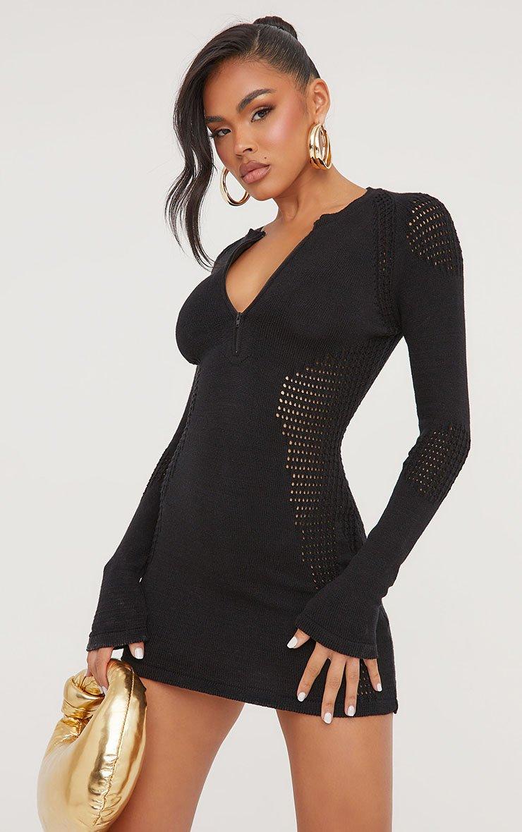 Long Sleeve Zip Front Contour Detail Mini Dress In Black Knit