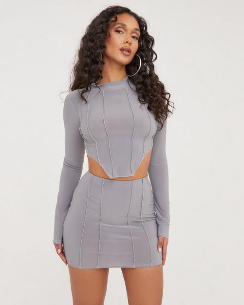 Body Print Detail Mini Bodycon Skirt In Grey Slinky