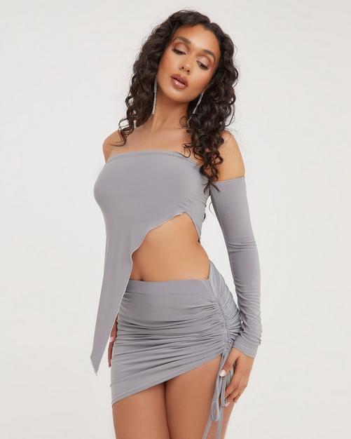 High Waist Ruched Detail Mini Bodycon Skirt In Grey Slinky