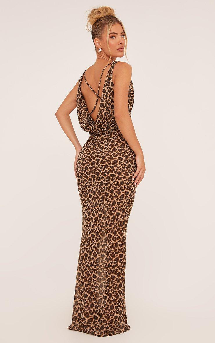 Cowl Neck Strappy Back Maxi Dress In Brown Leopard Print Mesh | EGO US | EGO