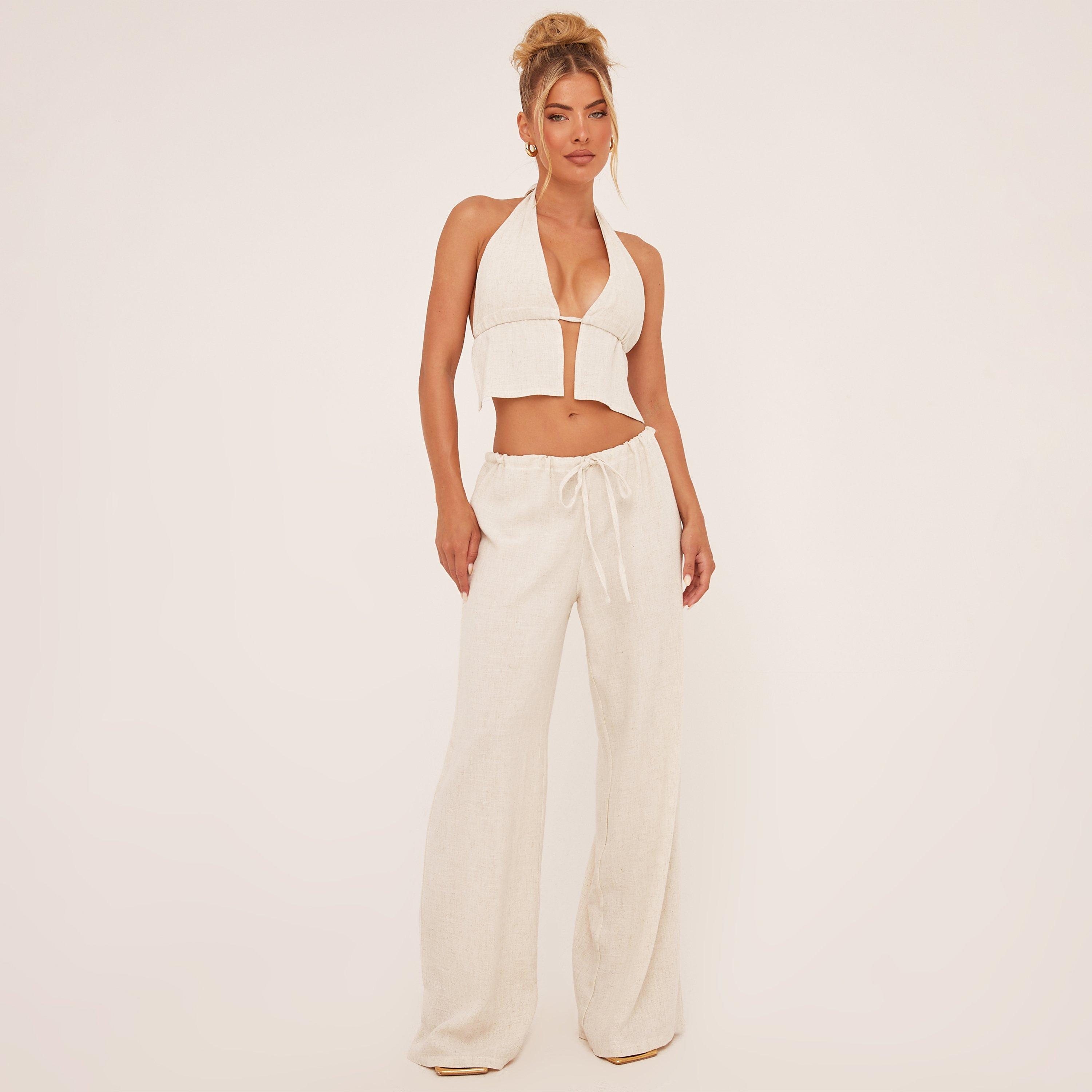 Low Rise Tie Waist Wide Leg Detail Trousers In Stone Linen, Women's Size UK 4
