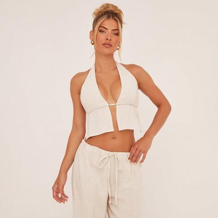Halterneck Split Hem Tie Back Detail Top In Stone Linen, Women's Size US